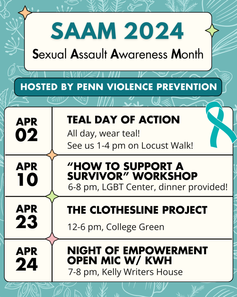 A calendar featuring the 2024 sexual assault awareness month events